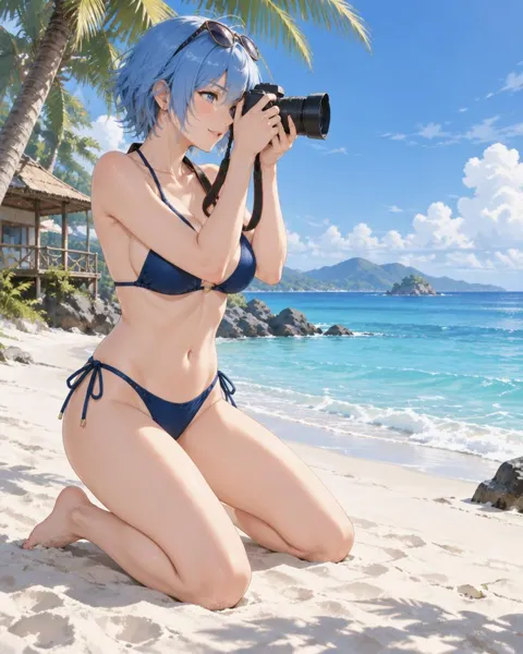 Nocthea, an adult anime companion kneeling on the white sand taking a photo of the sea
